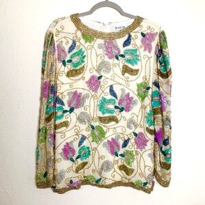 Vintage Black Tie He-Ro Pastel Sequin Iridescent beaded Top Sz M Tulip Floral
